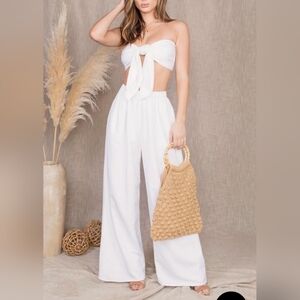Malibu Bum White Smocked Tie Tube Top with Matching Pant Set Small New With Tags